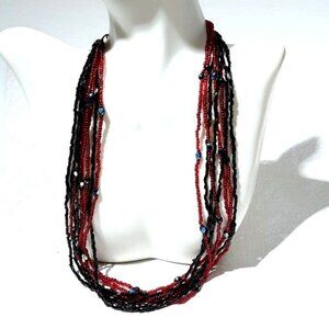 Black Red Seed Bead Necklace 8 Multi Strand Festival Classic